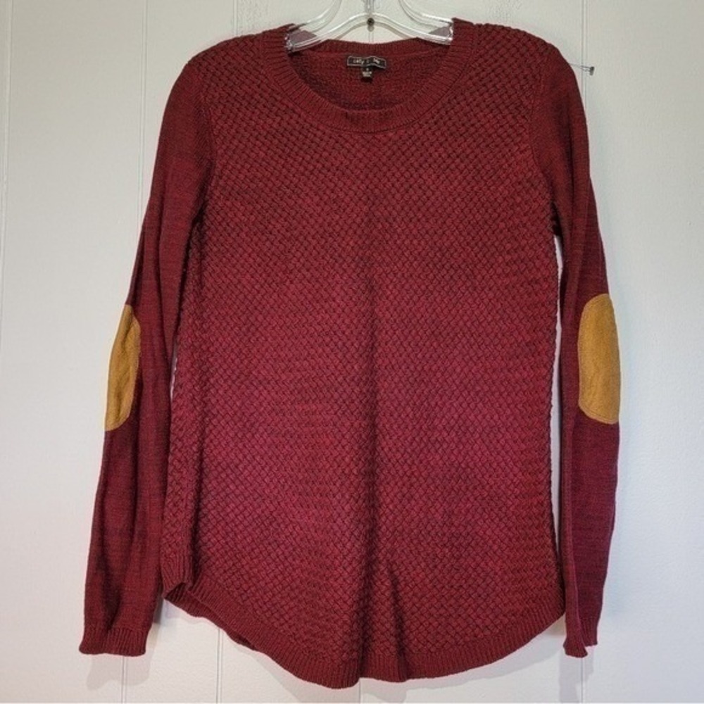 Lety & Me Burgundy Textured Knit Sweater Mustard Elbow Patches Small 921SX